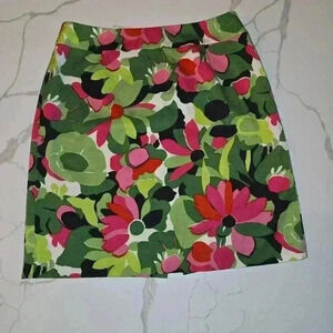 Talbots Womens Petite Stretch Floral Midi Skirt Green Pink Size 10P